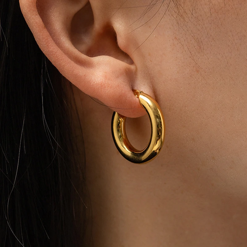 Fashion Gold Color Stainless Steel Big Hoop Earrings Women 20/25/30mm Smooth Round Thick Ear Buckle Punk Earing Piercing Jewelry