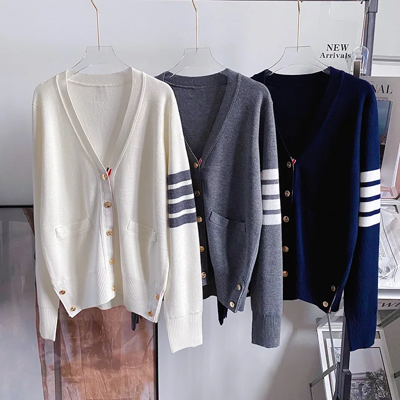 Harajuku V-neck Knit Wool Cardigan Winter Female Jacket Korean Preppy Style Loose Four-bars Stripes Women\'s Sweater Trend