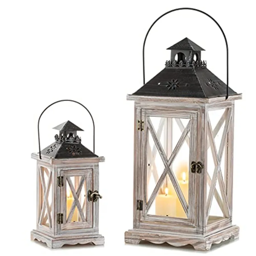 Farmhouse decor: wooden lanterns in natural wood tone, 19in and 11in tall, set of 2 for rustic indoor or outdoor lighting view 3