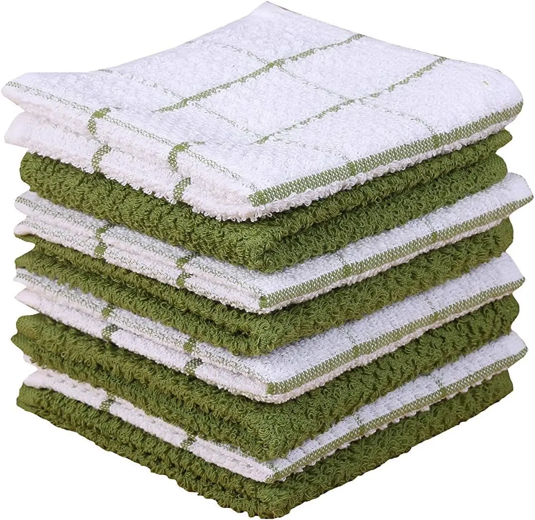 

Premium Terry Cotton Kitchen Dish Cloths Set of 8 – Highly Absorbent & Super Soft Cleaning Cloths (12x12 Inch) for Dishes, Green