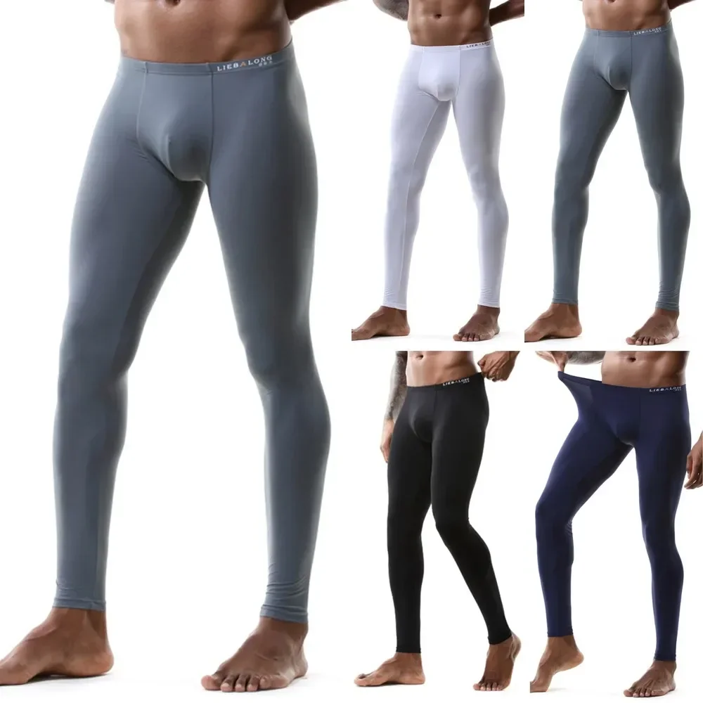 Men’s Ice Silk Thin Bottoms Tight-Fitting High Stretch Sexy Pants Autumn  Semi-transparent Home Trousers Leggings Homewear