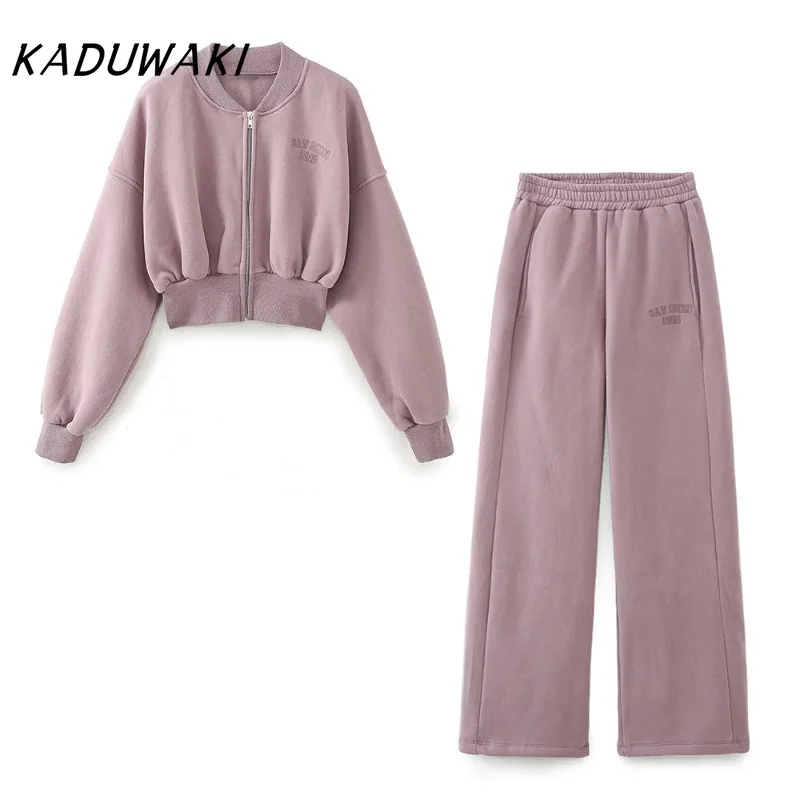 

KADUWAK Fall Round Neck Long Sleeve Short Sweater Simple Embroidery Washed Effect Jogging Pants Ins 2 Piece Sets Womens Outfits