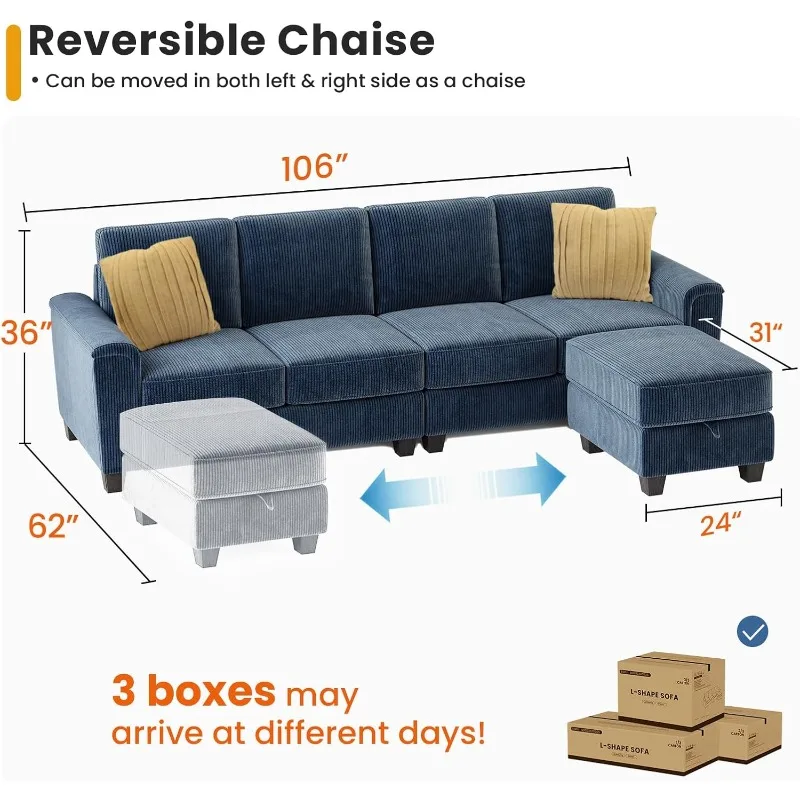 106” Convertible Sectional Sofa, Couch with Movable Chaise, Storage Ottoman, L Shaped Couch for Living Room, 4 Seat Convertible