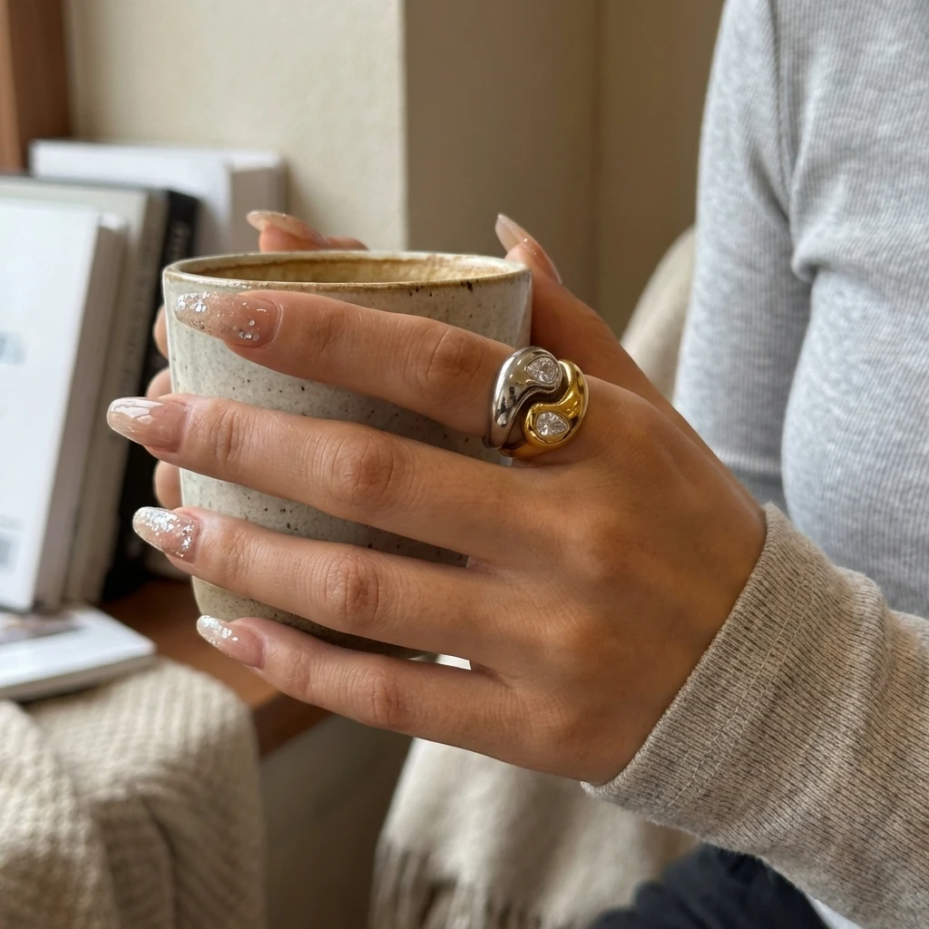 Edelstahl Zweifarbiger Ring für Frauen Trendiger Parallel-Doppellinien-Ring mit Unregelmäßiger Geometrie Stapelbarer Ring Wasserfester Alltagsschmuck – Detail 3
