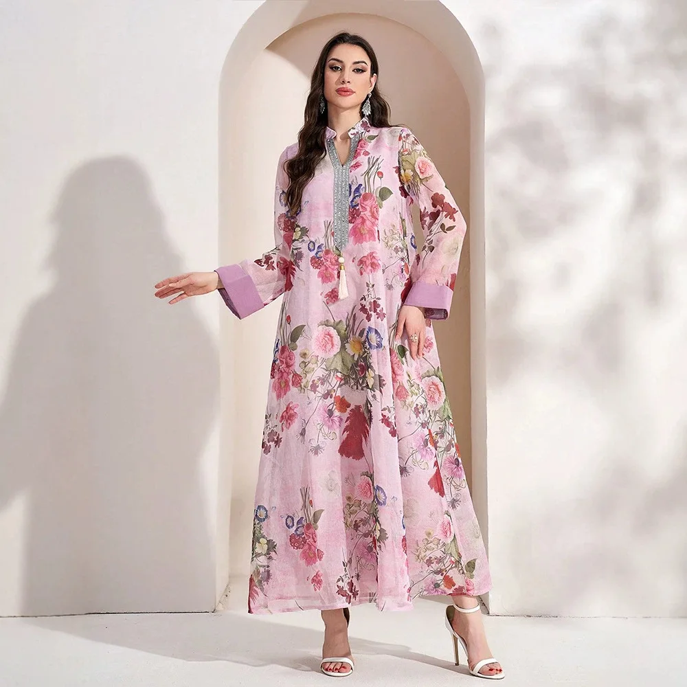 

Ky1375 Women's Notched Collar Floral Print Patchwork Long Sleeve Dress Casual Daily Vacation Dress Dubai Luxury Islam Elegant