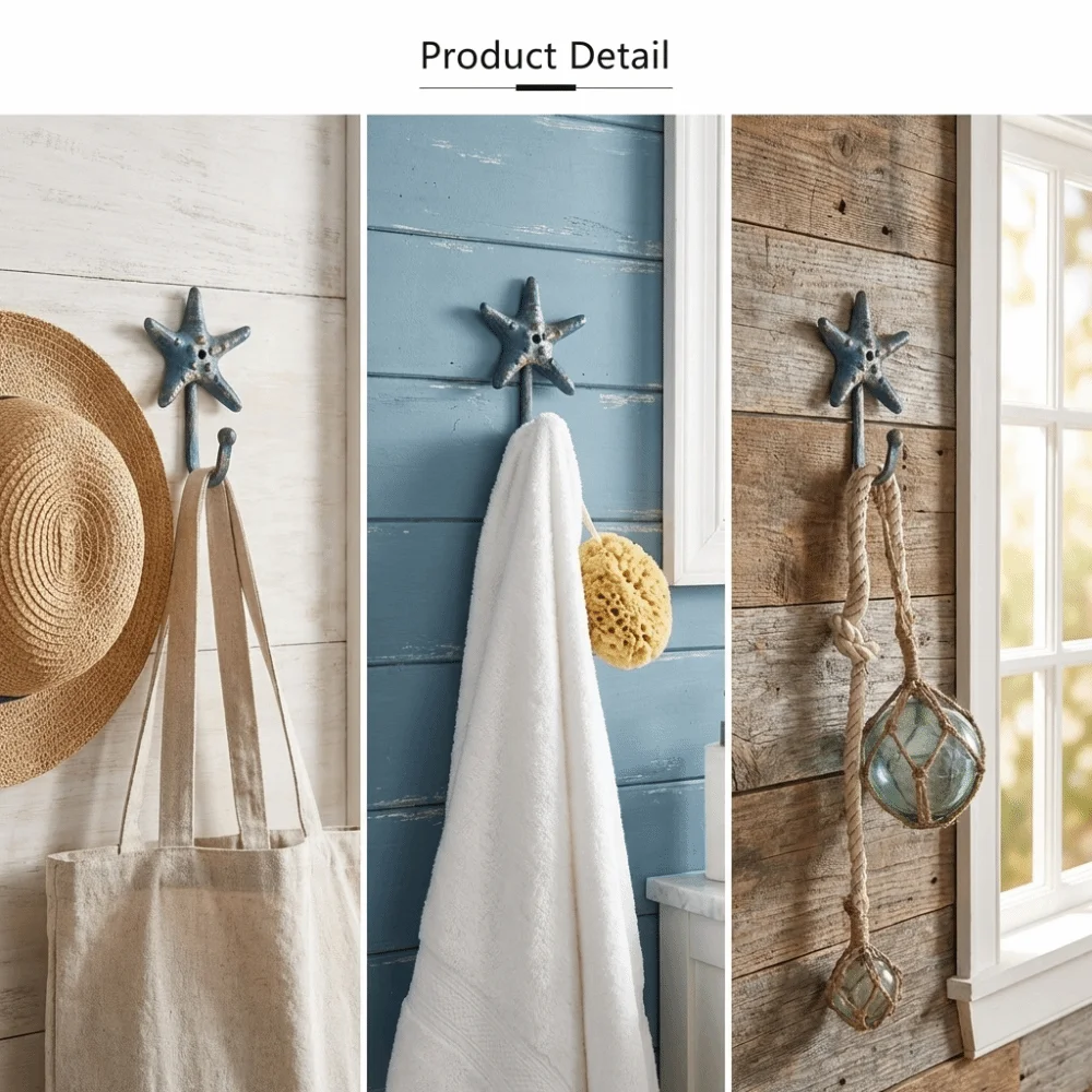 Starfish Shape Cast Iron Hook Vintage Rustic Ocean Blue Finish Key Hanger Gold Brushed Details Sturdy Cast Iron Metal Organizer