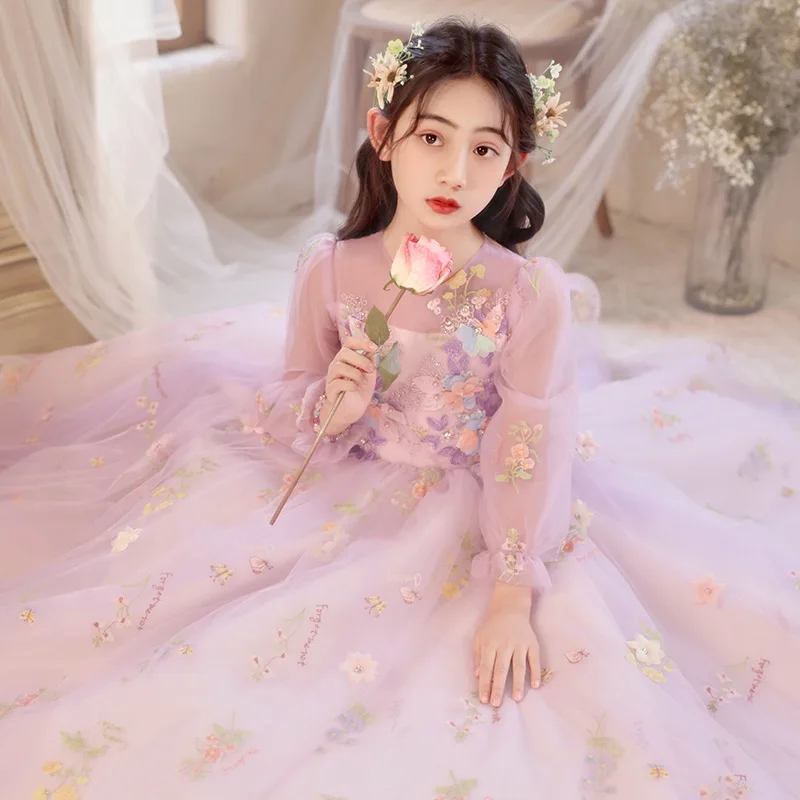 

2024 Flowers Young Girls Dress Pretty Long Sleeves Tulle Evening Dresses Appliques Spring Summer Ball Gown for Children Girl