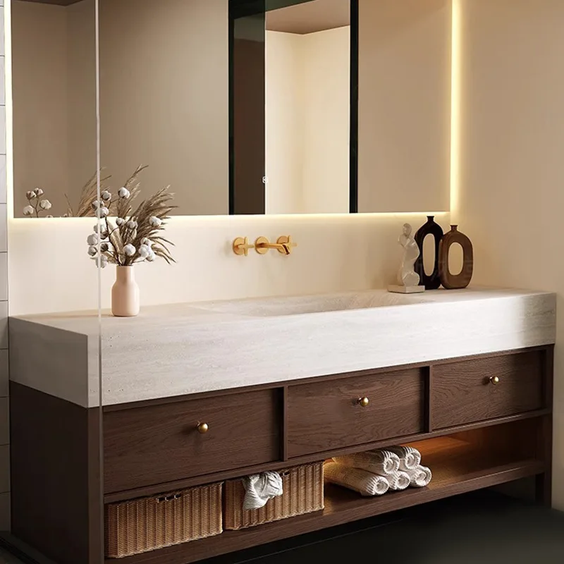 

Medieval walnut rock slab hot bending integrated basin bathroom cabinet combination bathroom hand wash washbasin washbasin basin