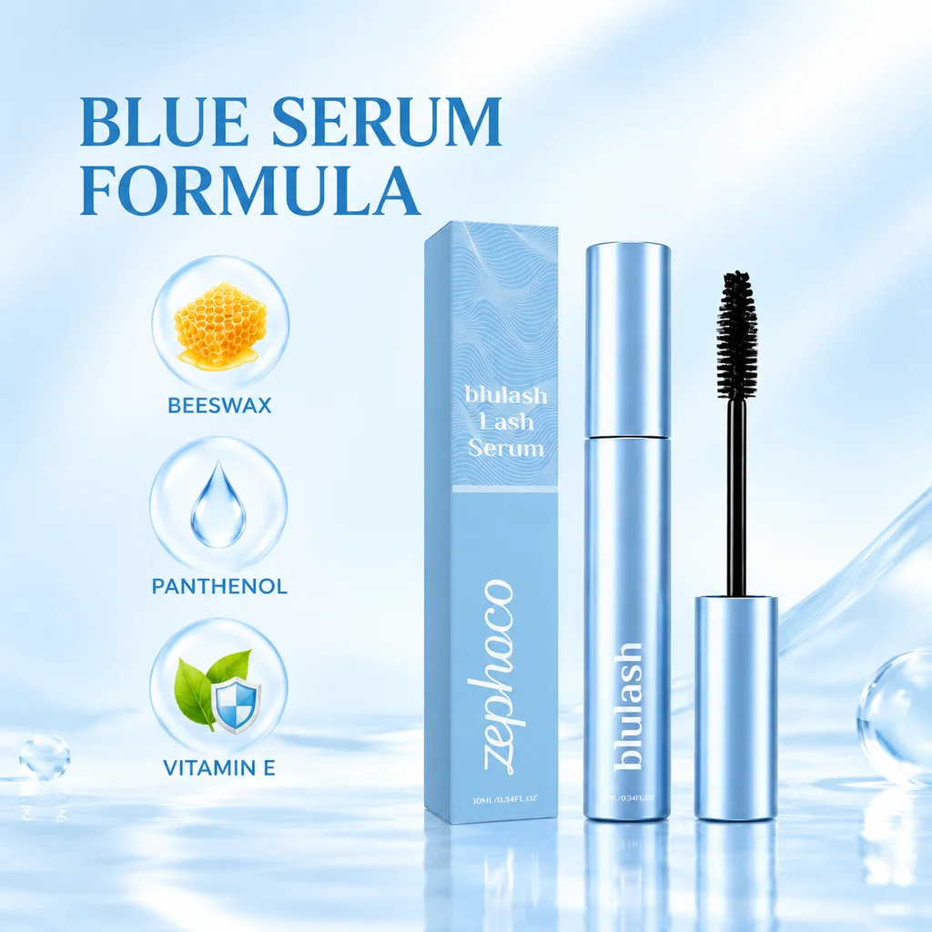 Blue Serum Mascara Waterproof Sweatproof Curl Lock Volumizing Lengthening Natural Lash Gentle Formula for Sensitive Eyes 10ml