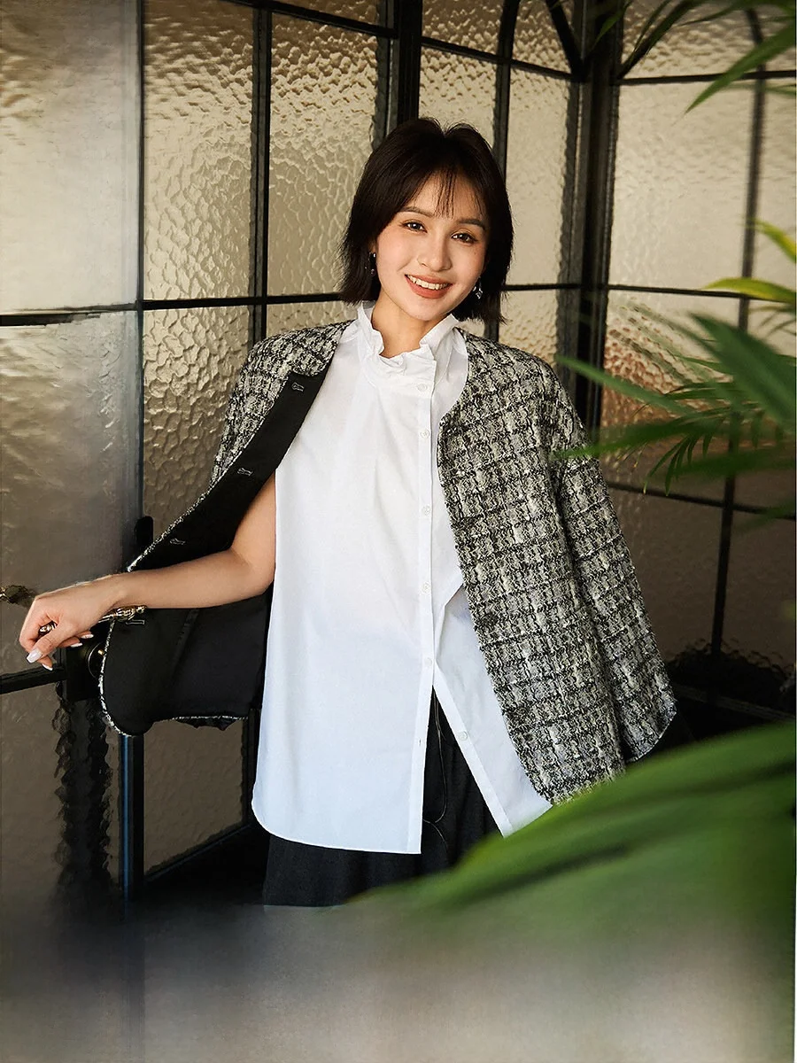 

Женская деловая рубашка Xhange Capsule Series Zero Pressure Svel с воротником-стойкой, удобная для поездок на работу, из дышащего хлопкового смесового материала