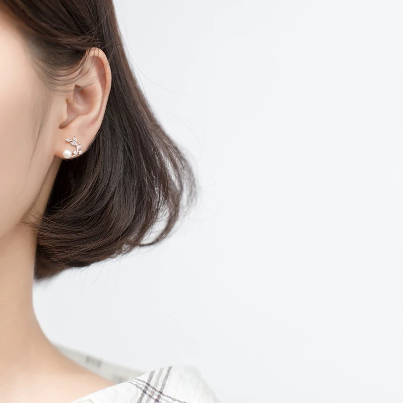 Pendiente Modian de hojas de olivo para mujer, moda de Plata de Ley 925, elegante Pin de oreja de perla, accesorios de joyería fina