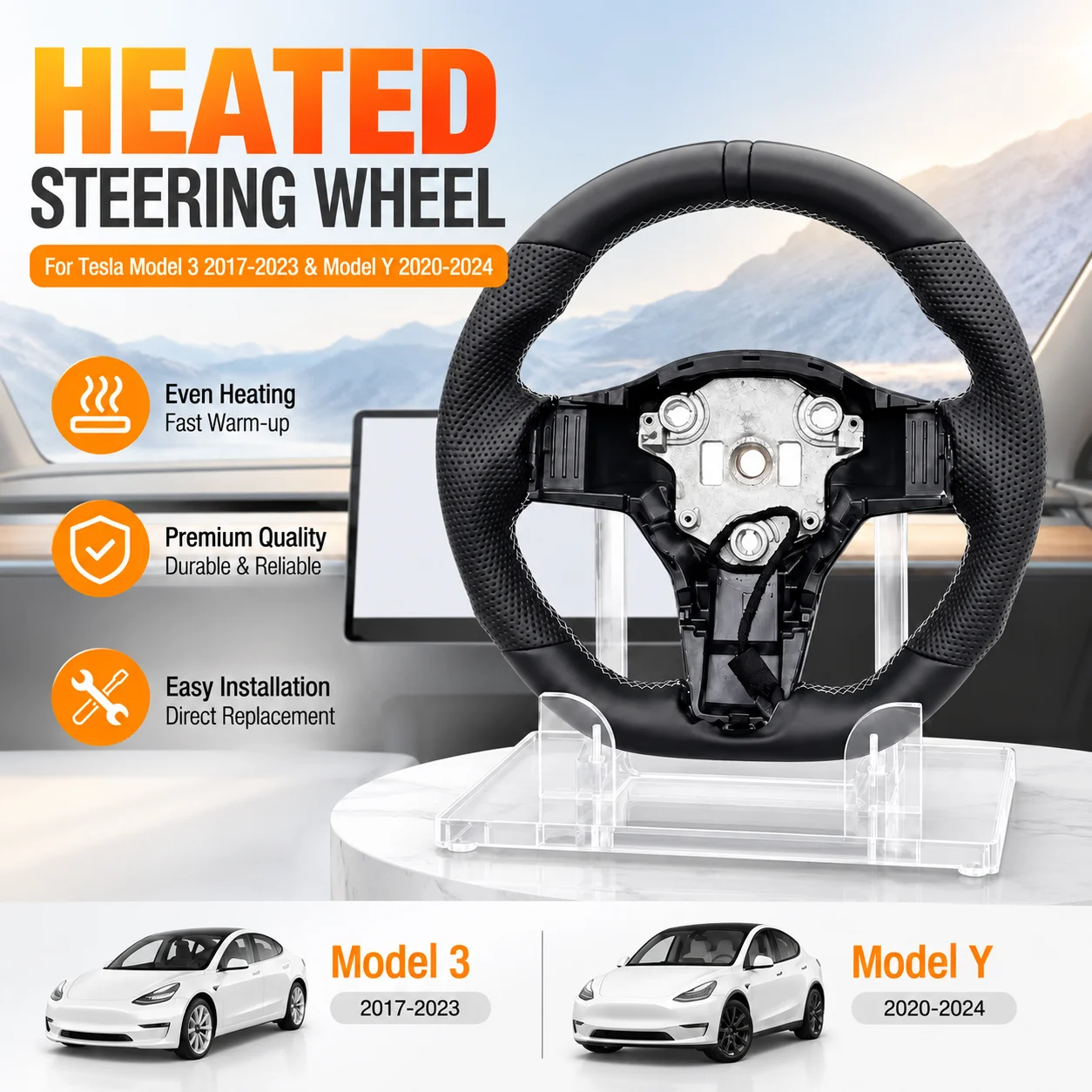 Heated Steering Wheel For Tesla Model 3 2017-2023 & Model Y 2020-2024 Black Sport PU Leather With 3D Black Leather Ring