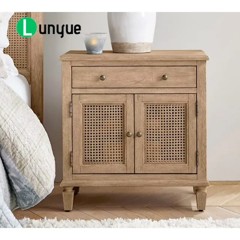 Country Style Metal Handle Wicker Cabinet Door Dovetail Wood Structure Wooden Stand Bedroom Bedside Table