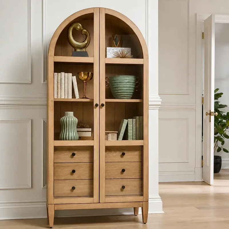 Solid Wood Bookcase with Glass Doors Retro Style Display Cabinet for Living Room Study Independent Storage Shelf