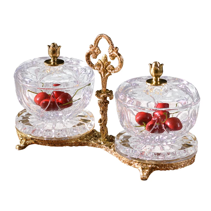 

Brass or bronze household decorative fruit bowl with lid for hotel villa home accessories, crystal fruit bowl with clear fancy