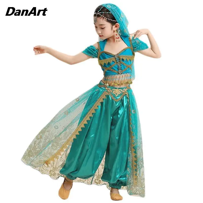 Vestido de princesa Jasmine para niños, conjunto de traje de danza del vientre para niñas, vestido de práctica de actuación, ropa de entrenamiento