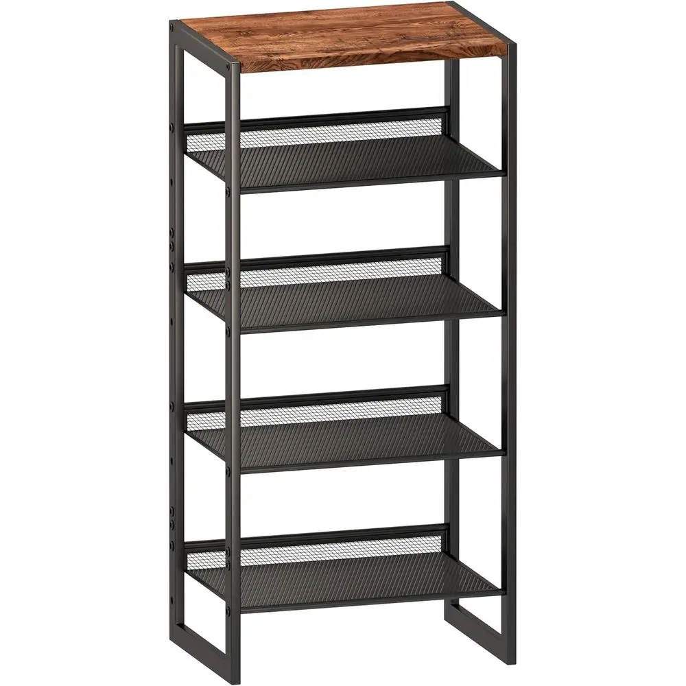 

Narrow 5-Tier Shoe Rack, Slim Space-Saving Shel with Decorative Wood Top & Steel Mesh, Entryway/Closet/Dorm Organizer, 16.5x11.8
