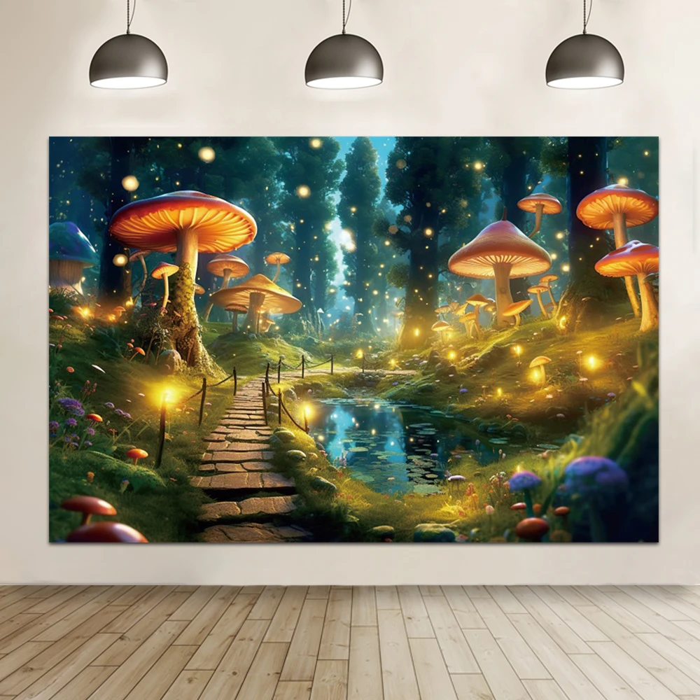 Laeacco Enchanted Forest Jungle Backdrop for Photography Magic Mushroom Flower Wonderland Birthday Portrait Photo Background