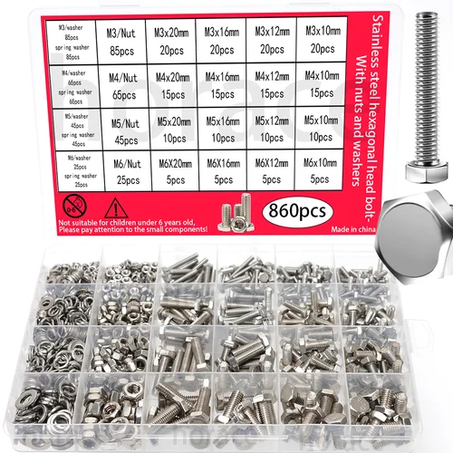Imagen 2 del producto Kit surtido de pernos de cabeza hexagonal de acero inoxidable de 860 piezas con tuercas + arandelas + muelles - M3-M6 DIN933 grado 8,8/10,9, grado marino A2/A4