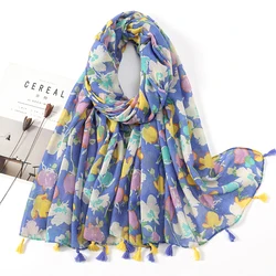 New Floral Tassel Viscose Xaile Lenço Para As Mulheres Imprimir Hijab Lady Alta Qualidade Envoltório Pashmina Roubou Bufandas Muçulmano Hijab Foulard