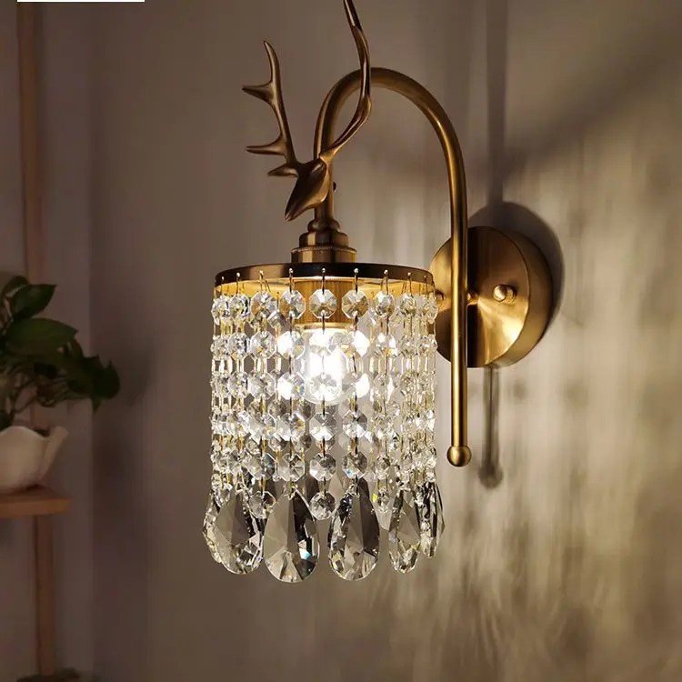 Bedhead crystal wall lamp American style all copper deer head charging cordless wall lamp