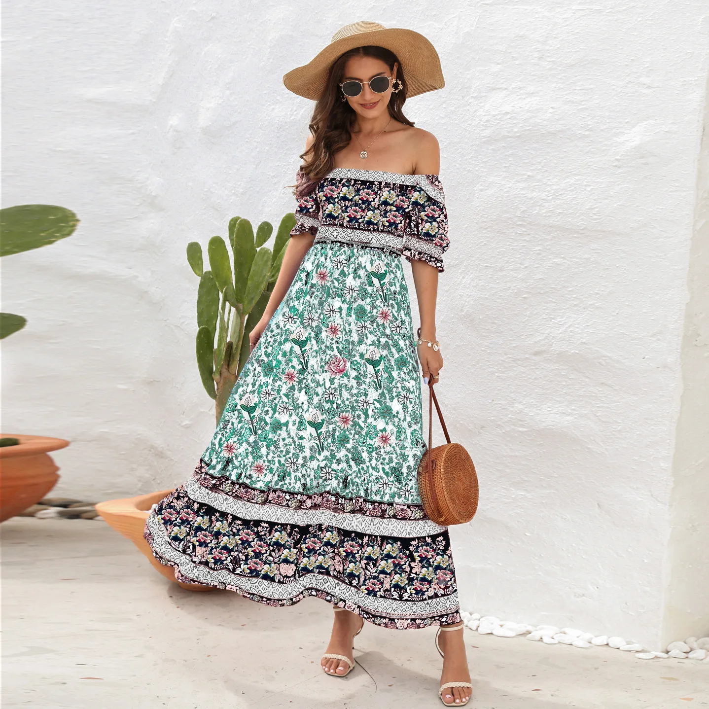 Bohemian Floral Floral Print Short Sleeve Midi Dress Woman Spring Summer Fashion Casual Slash Neck Dresses For Women 2023, kobieta