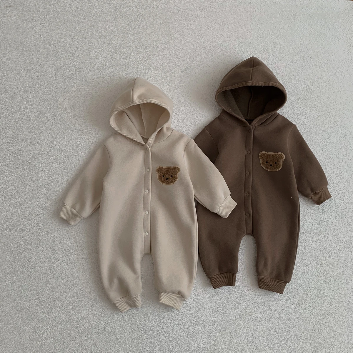 Winter  Newborn Baby Plush Bodysuit Button Jumpsuit Cartoon Bear Hoodies Boy Girl Romper Twins Clothes Korean version