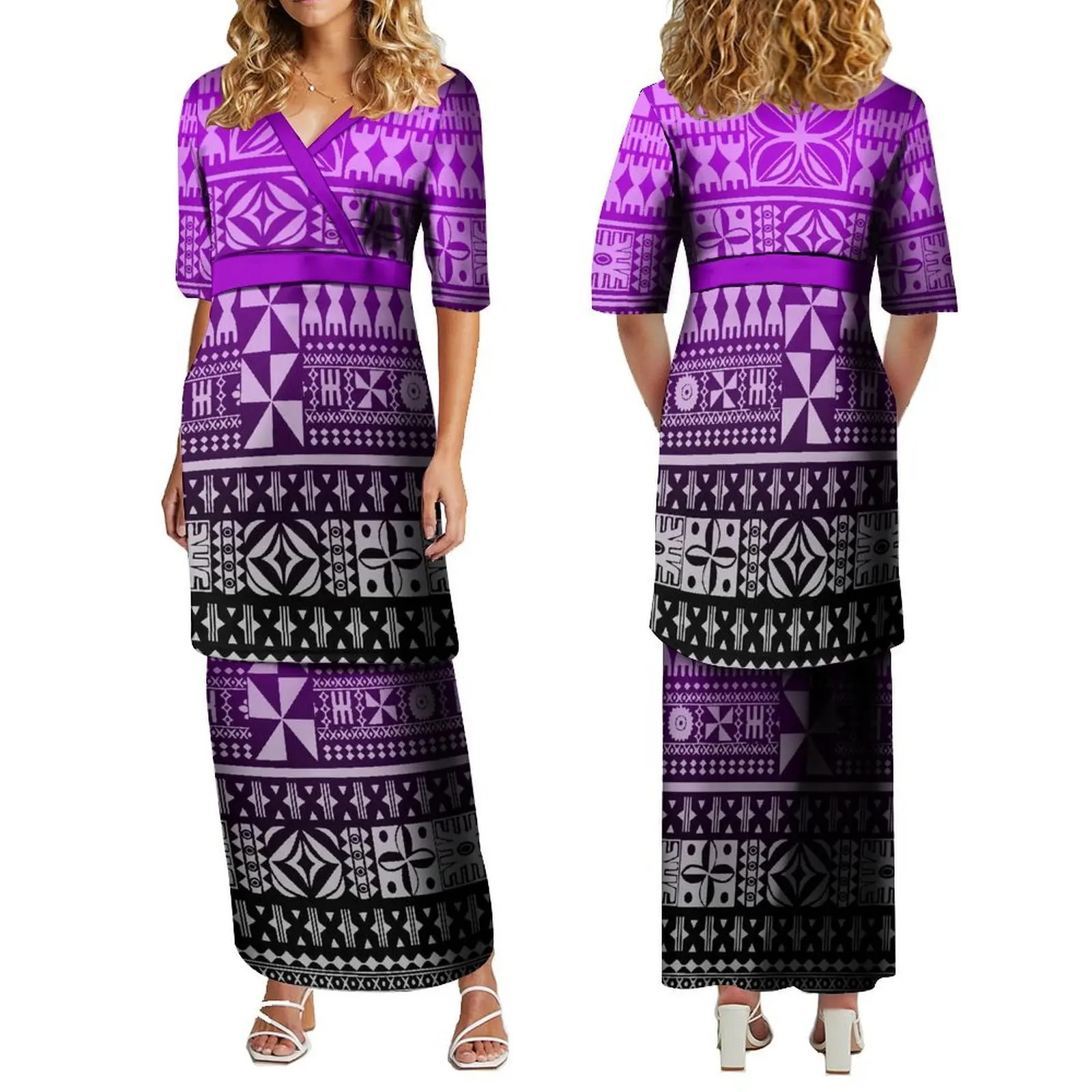 Puletasi Samoan Tribal Ethnic Style Hawaiian Island Style V-Neck Half Sleeve Women'S Sheath Dress Polynesian Two-Piece Set