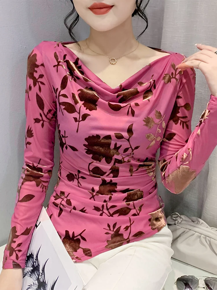 Winsleter Streetwear TShirt Long Sleeve Tight Tees Women Sexy Shawl Collar Irregular Print Slim Mesh Tops Autumn T38383JM