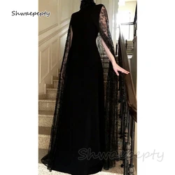 Elegant Dubai Black Evening Dresses With Lace Cape Sleeves High Neck A Line Floor Length Simple Velvet Formal Dress For Women