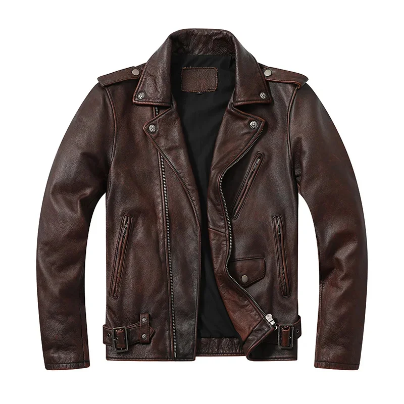 

Layer First Cowhide Men's Motorcycle Riding Lapel Distressed Leather Slim Multi-Pocket Short Jacket