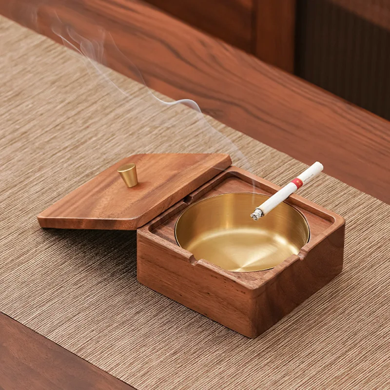 Solid wood walnut ashtray office with cover anti-fly ash Chinese light luxury gifts Father's Day gifts household