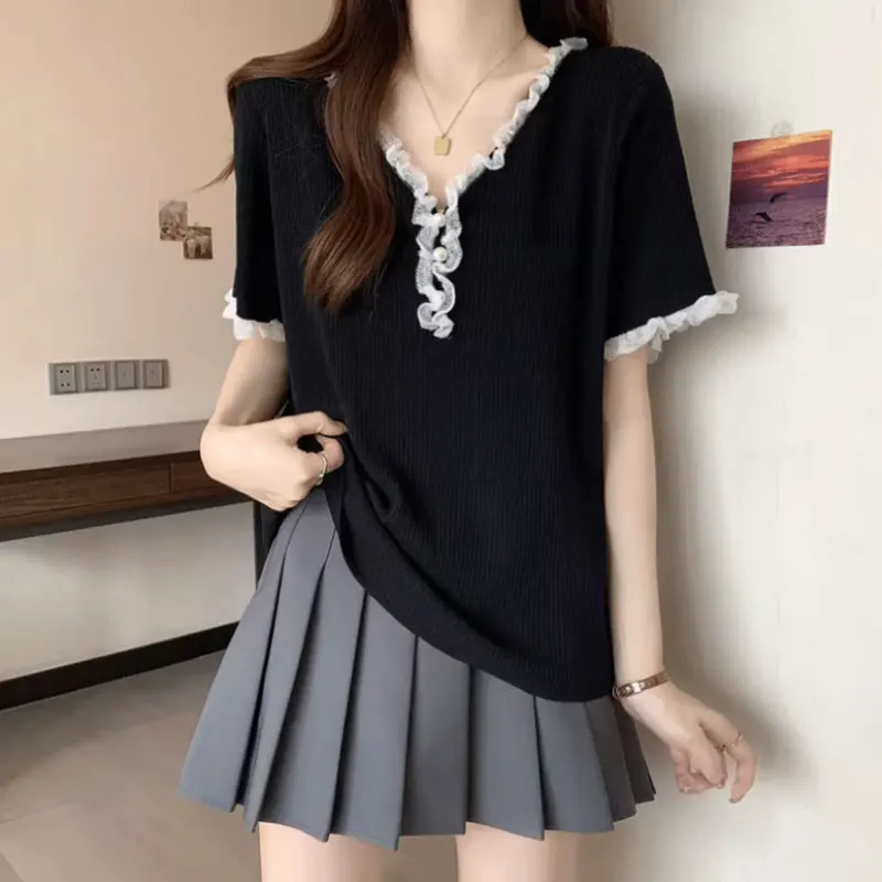 Fashionable Ruffles Spliced Pullovers Women's Clothing Solid Color Basic Summer Lace V-Neck Korean Short Sleeve Loose T-shirts
