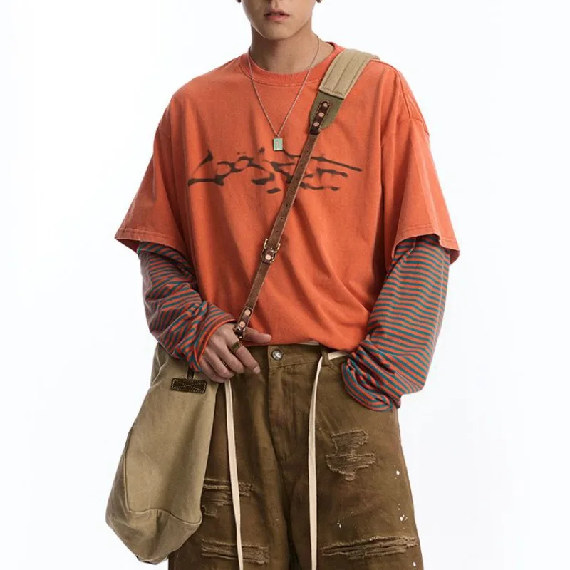 النمط الياباني ريترو فانتوم تي شيرت مطبوع الرجال وهمية قطعتين شريطية طويلة الأكمام البلوز تي شيرت للجنسين فضفاض الهيب هوب القمم