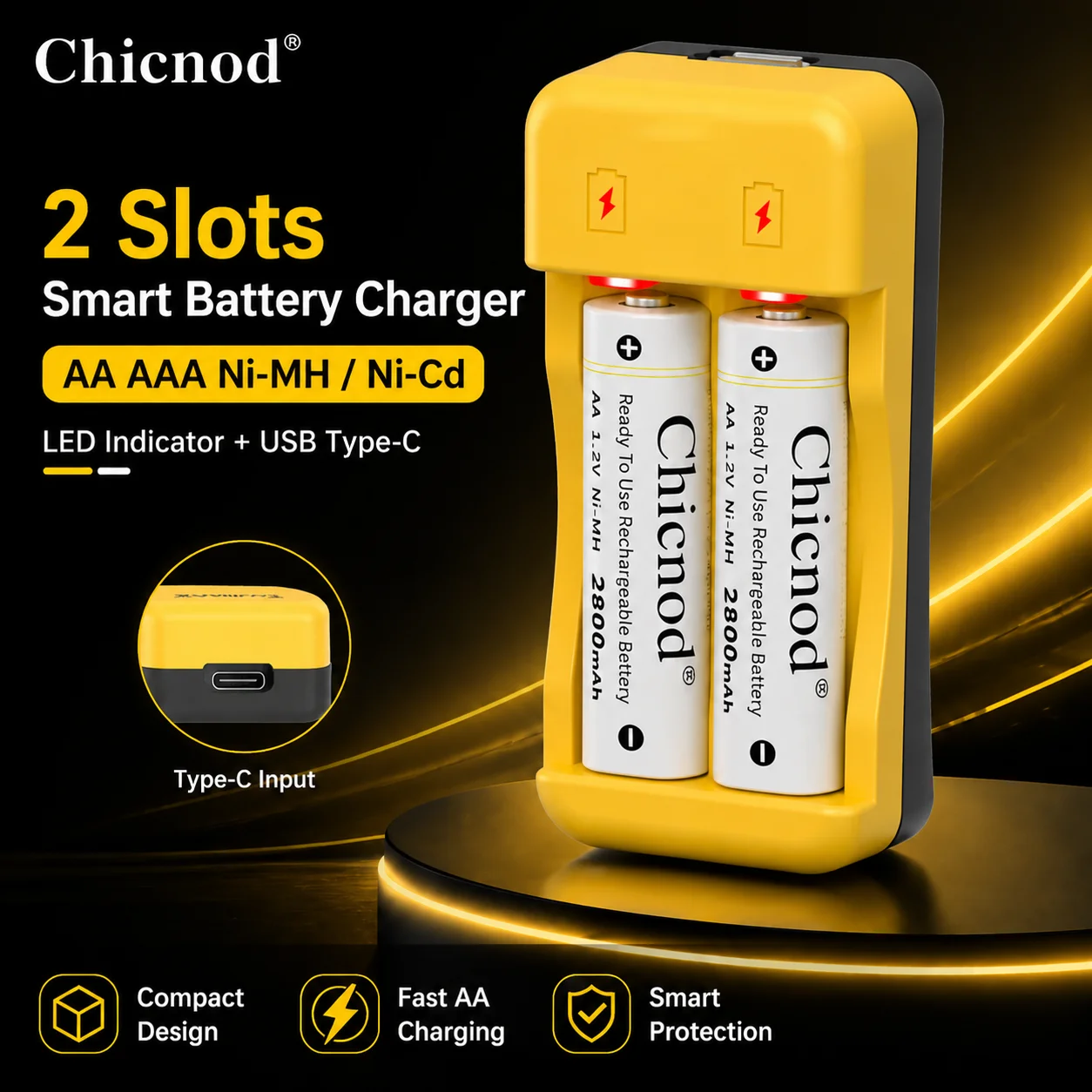 Chicnod N204 AA AAA Battery Charger Ni-MH Ni-Cd Rechargeable Battery Charger 2 Slot LED Indicator USB Type-C Smart Charger