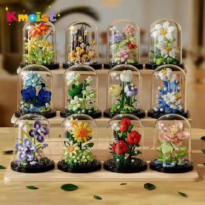 Building Block Flower with Dust Cover Rose Favor Collection Building Toy Bricks Blocks Toys for Kids Birthdays Gifts Home Decor