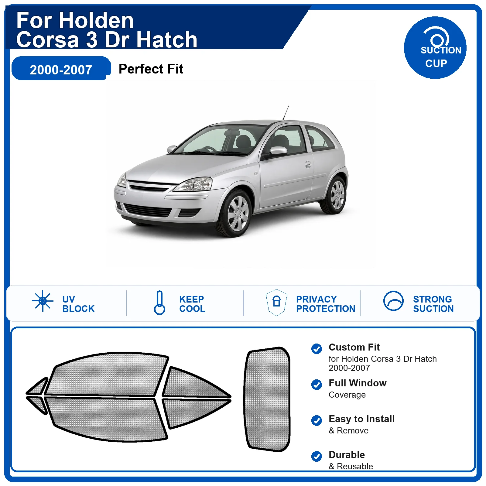 For Holden Corsa 3 Dr Hatch 2000-2007 Custom Full Set Windshield Sun Shade Aluminum Foil Heat Insulation Anti UV Foldable