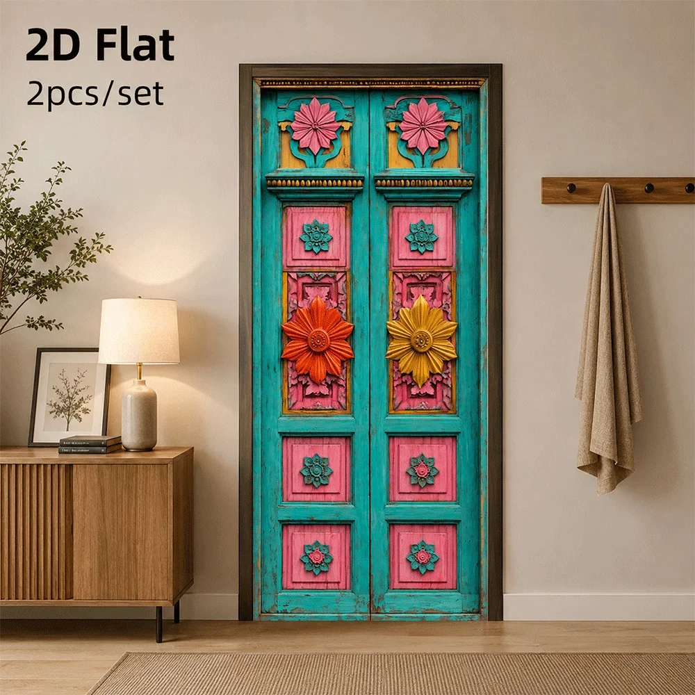 1 piece of retro painted door sticker with ethnic style floral decoration, waterproof self-adhesive 2D flat surface