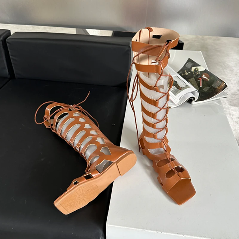Brown Flats Long Boots Women Cross Strappy Summer Knee Boots Leisure Hollow Out Black Flat Sandals Zapatos Mujer image 6