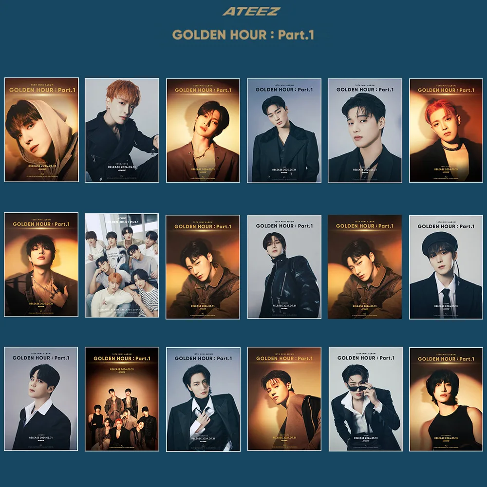 2Pcs/Set KPOP ATEEZ GOLDEN HOUR: Part.1 Album HD Posters Mingi Jongho Yeosang Fashion Self-adhesive Home Wall Stickers Fans Gift