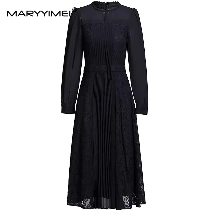 

MARYYIMEI Autumn Winter Women's Dress Long-Sleeved Chic Lace Splicing High Waiste Vintage Temperament Dresses