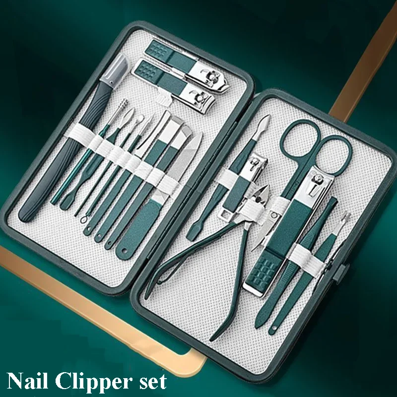 New Stainless Steel Nail Clipper Set with Leather Travel Case Manicure Professional Green Grooming Tool Set Home Foot Care Tool