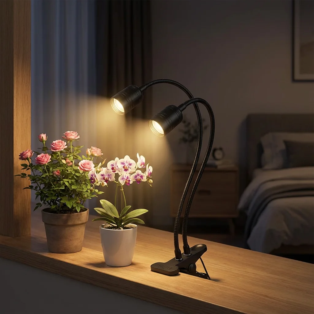 Dual-Head Clip On Grow Light, 3/9/12H Auto Timer & 9 Dimmable Levels, Flexible Gooseneck for Precise Indoor Plant Lighting
