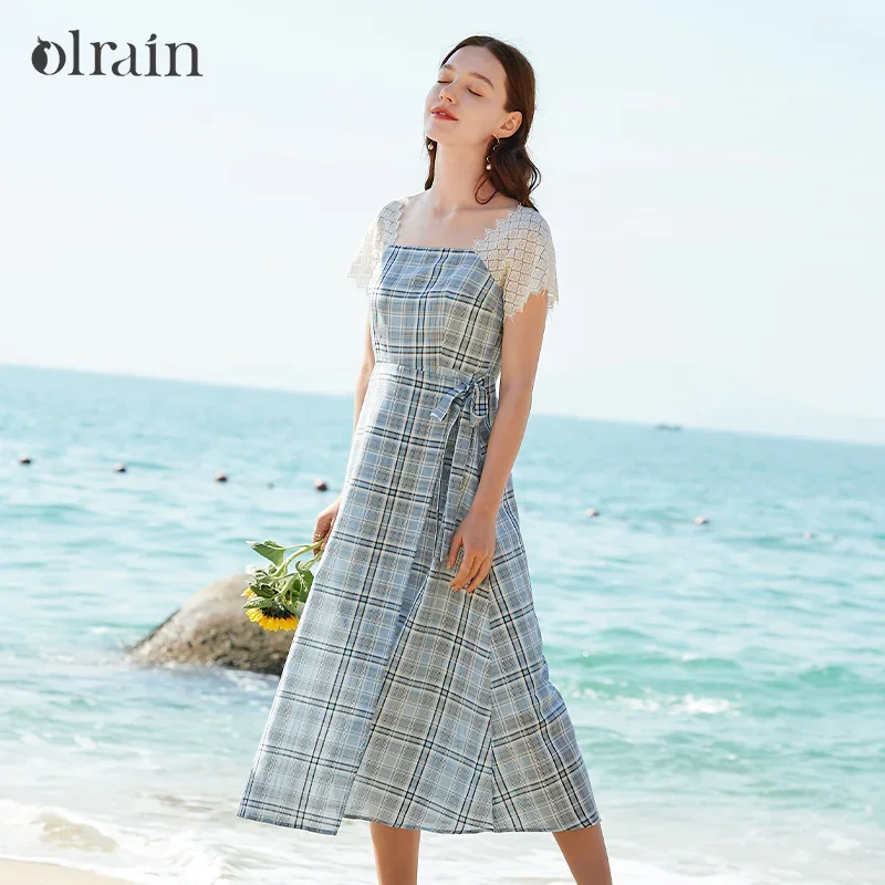 

OLrain Summer Plaid Dresses Woman 2025 Short Sleeve Square Neck Elegant Sweet Lace Spliced A-line Beach Dress Lady O20XL30022