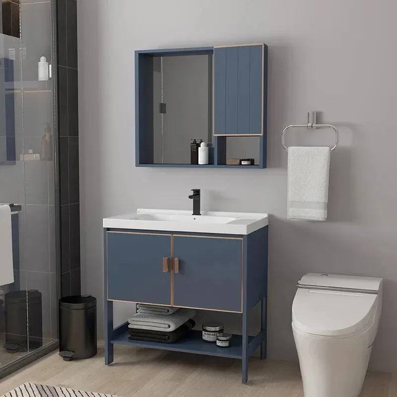 

Modern Luxury Blue Color Floor Standing Ceramic Washbasin Cabinets Bathroom Aluminum Vanity Set