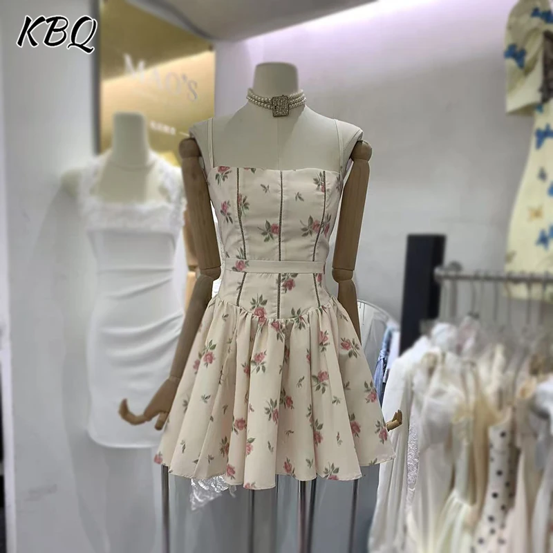 

KBQ Hit Color Printing Slimming A Line Dresses for Women Square Collar Sleeveless High Waist Temperament Camisole Dress Female