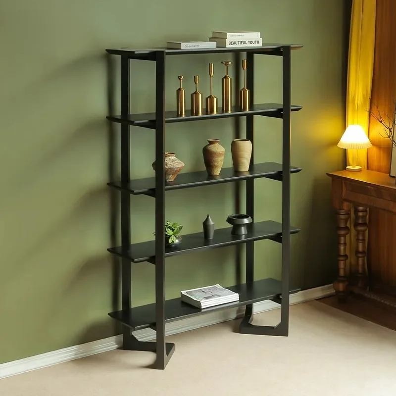 Nordic iron art silent wind bookshelf solid wood display shelf floor storage rack living room partition storage shelf multi-stor