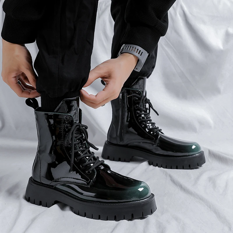 mens fashion stage nightclub dress patent leather boots red green platform shoes cowboy ankle boot spring autumn botas masculina