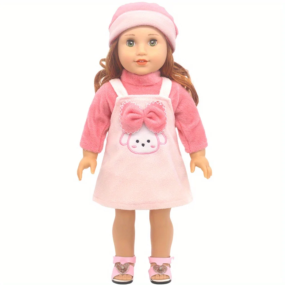 Girl doll clothes suitable for 18-inch American dolls (product does not include doll and shoes) Pink bow rabbit plush skirt set