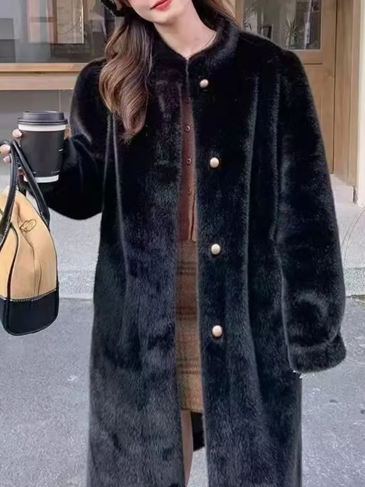 معطف نسائي من الفرو الصناعي من ZMEENNA ملابس خارجية شتوية دافئة وياقة ثابتة وأزرار ذهبية واحدة الصدر أنيقة باللون الأبيض ZM4465